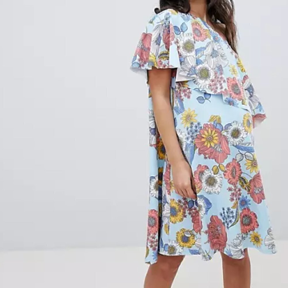 Asos Maternity Womens Size 4 One Shoulder Cape Dress Retro Floral Blue Hi Lo Hem